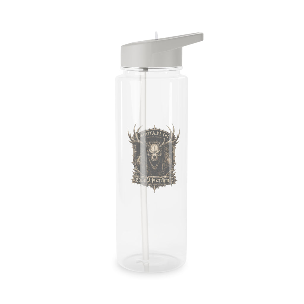 Transparent plastic water bottle with silver flip-top cap and front logo