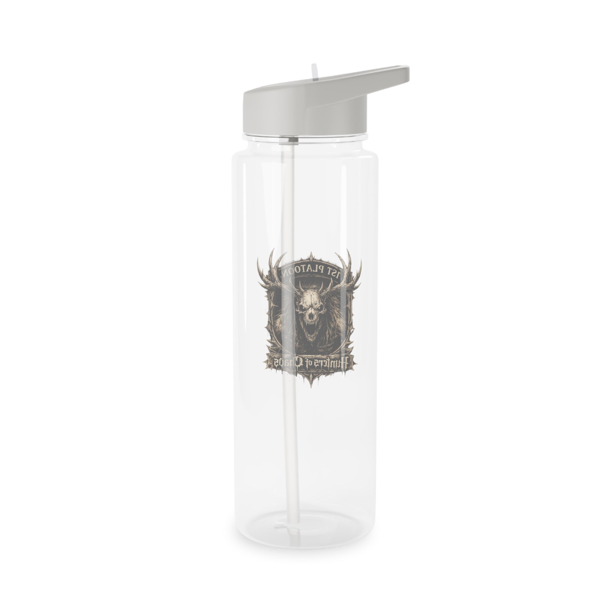 Transparent plastic water bottle with silver flip-top cap and front logo