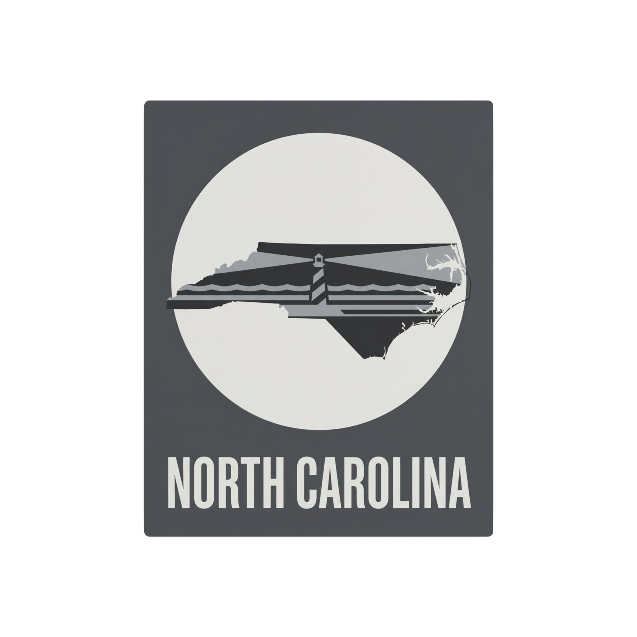 Square metal wall sign showing North Carolina lighthouse silhouette and “NORTH CAROLINA”