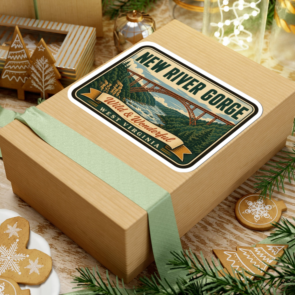 Travel sticker on gift box top: New River Gorge bridge and Wild & Wonderful West Virginia banner
