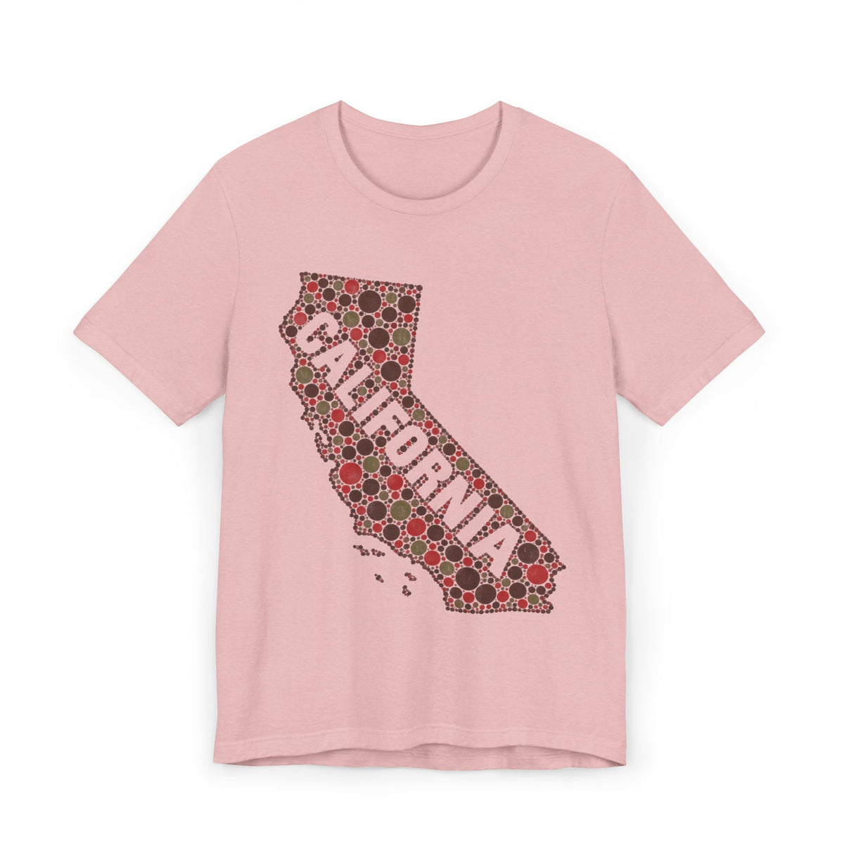 Dusty pink T-shirt with California map outline graphic in red and white dots