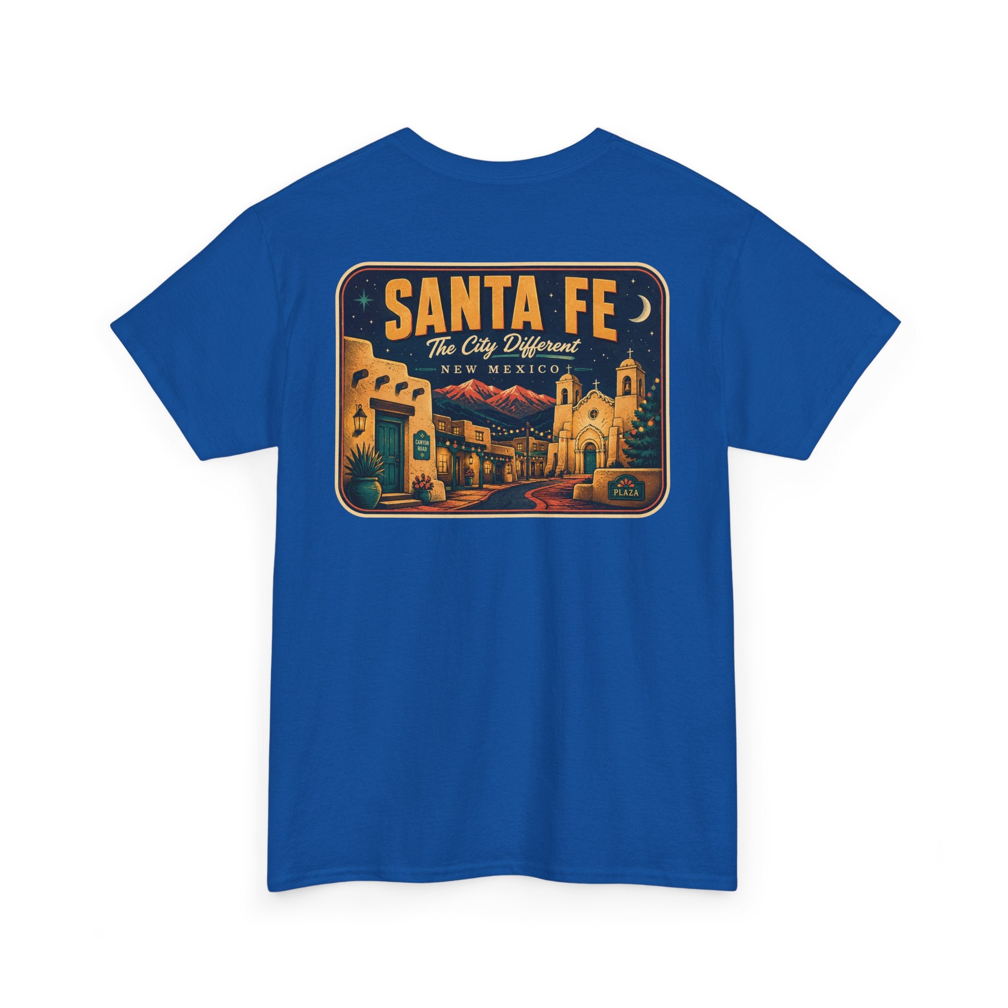 Royal blue T-shirt with Santa Fe vintage luggage tag graphic on chest