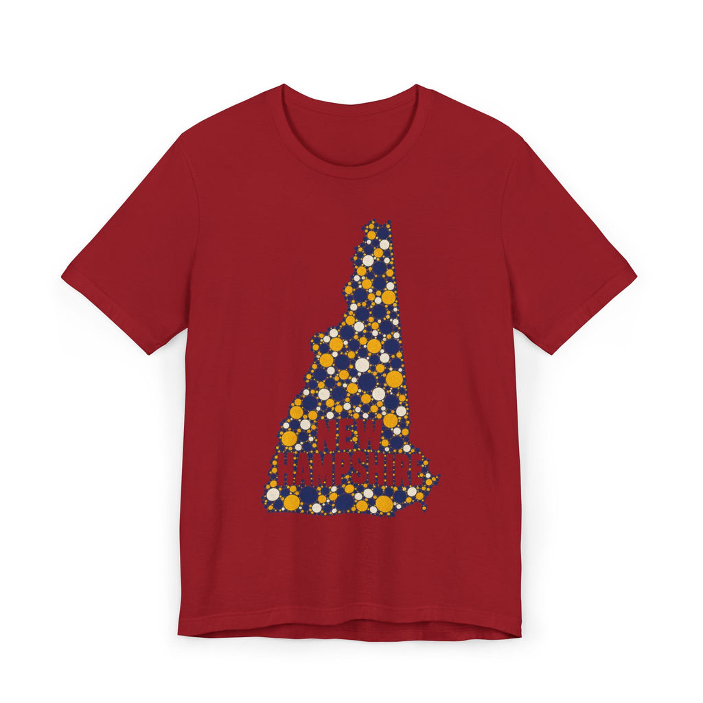 Red crew-neck T-shirt with floral New Hampshire map graphic and “NEW HAMPSHIRE” text
