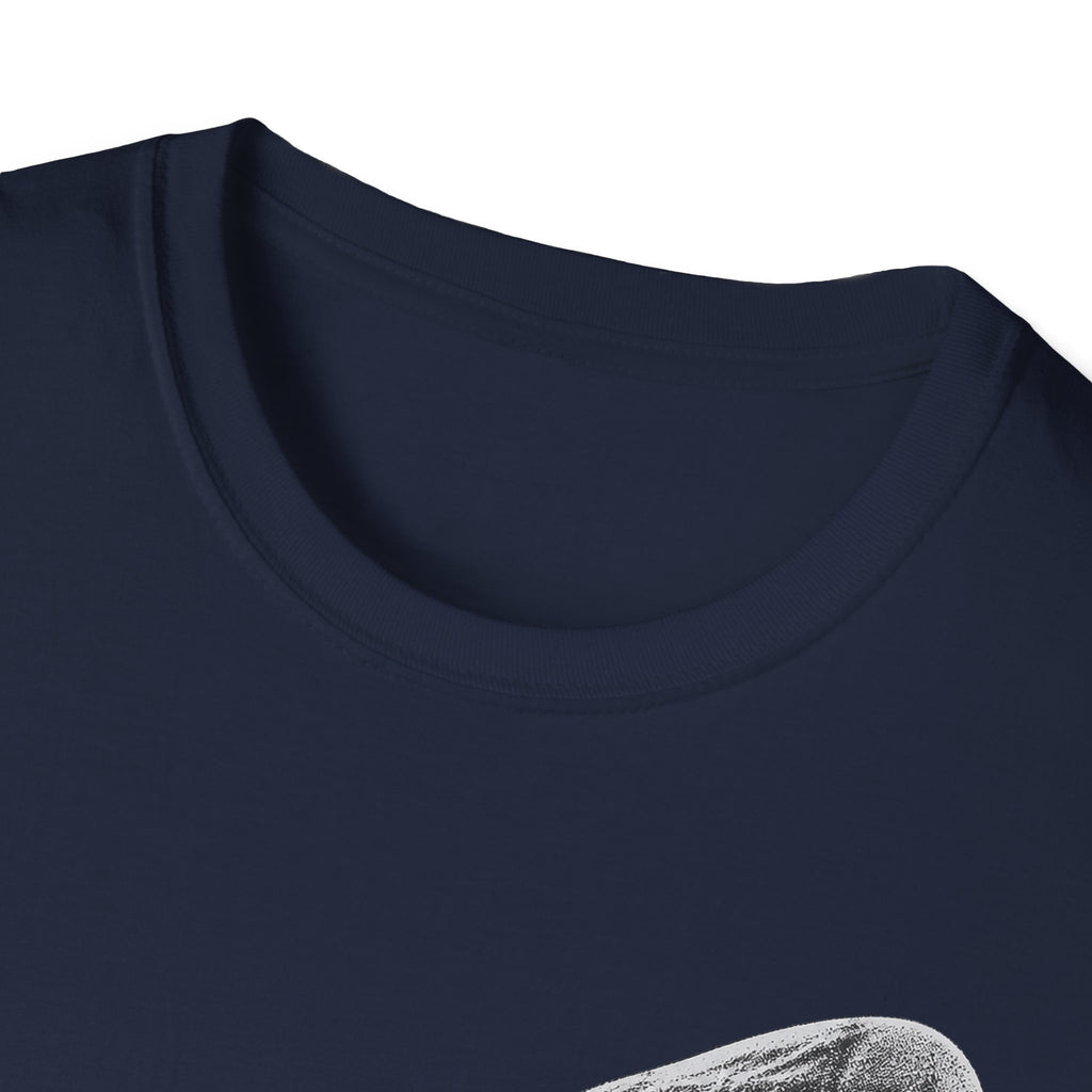 Navy blue crew-neck T-shirt, close-up with whale graphic edge
