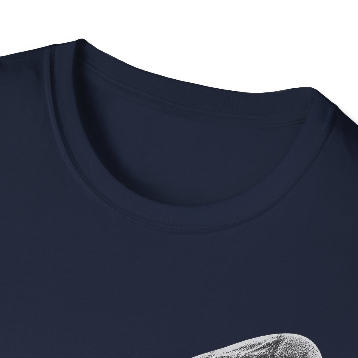 Navy blue crew-neck T-shirt, close-up with whale graphic edge