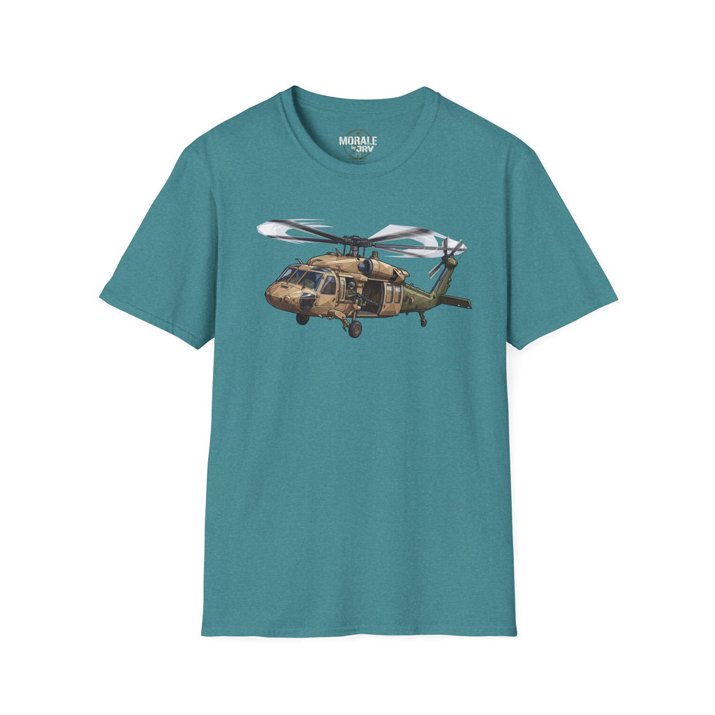 Helicopter graphic T-shirt in teal, front print of a UH-60 Black Hawk
