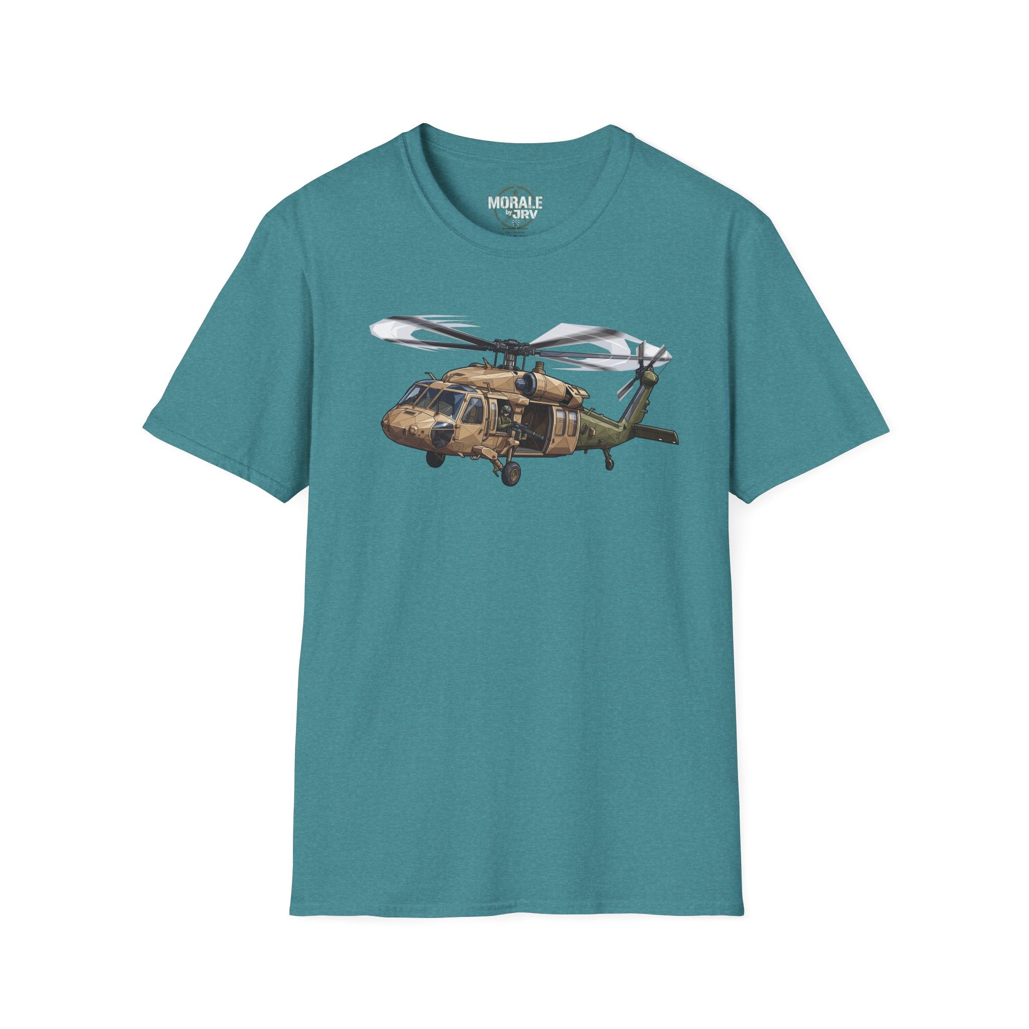 Helicopter graphic T-shirt in teal, front print of a UH-60 Black Hawk