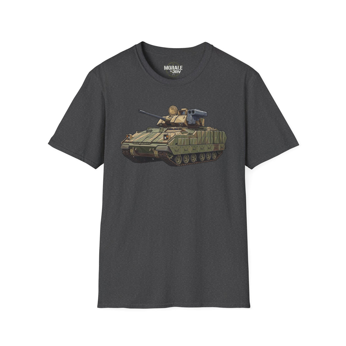 Tank graphic T-shirt in dark gray, crew neck short sleeves, front view