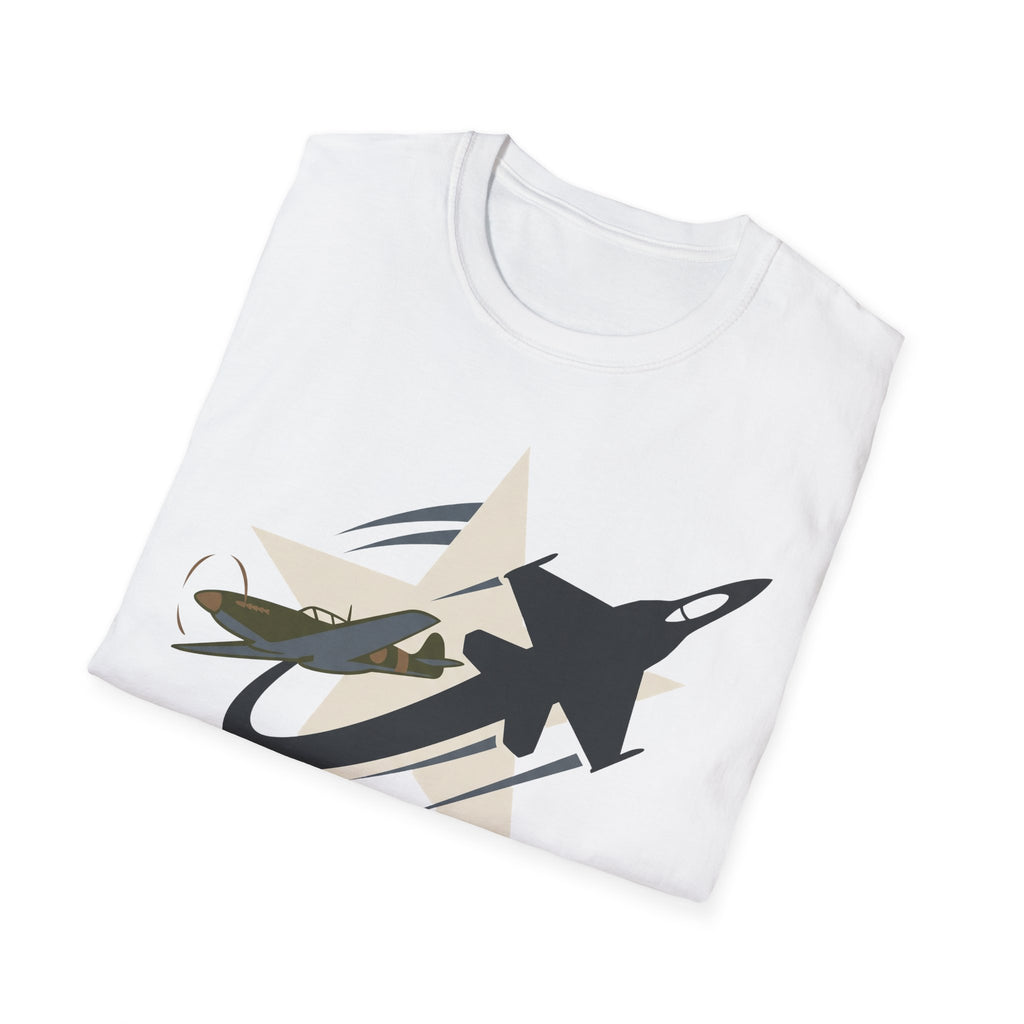White aviation T-shirt with jet-and-star graphic on front