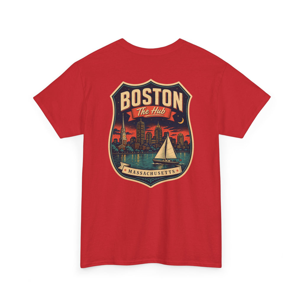 Red city badge graphic T-shirt with sailboat and skyline crest