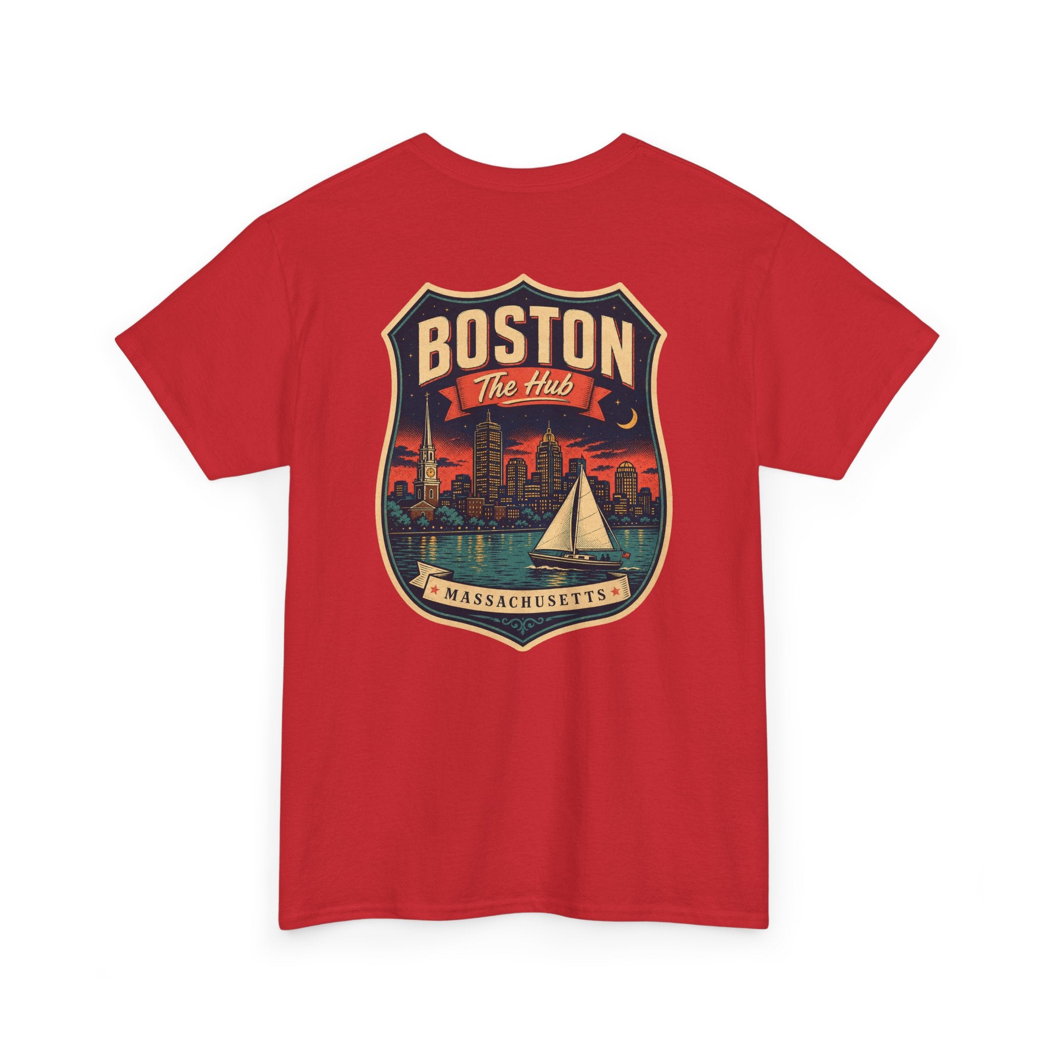 Red city badge graphic T-shirt with sailboat and skyline crest