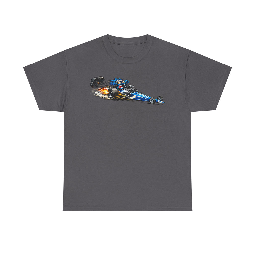 Charcoal unisex graphic tee with flaming dragster car print on the chest