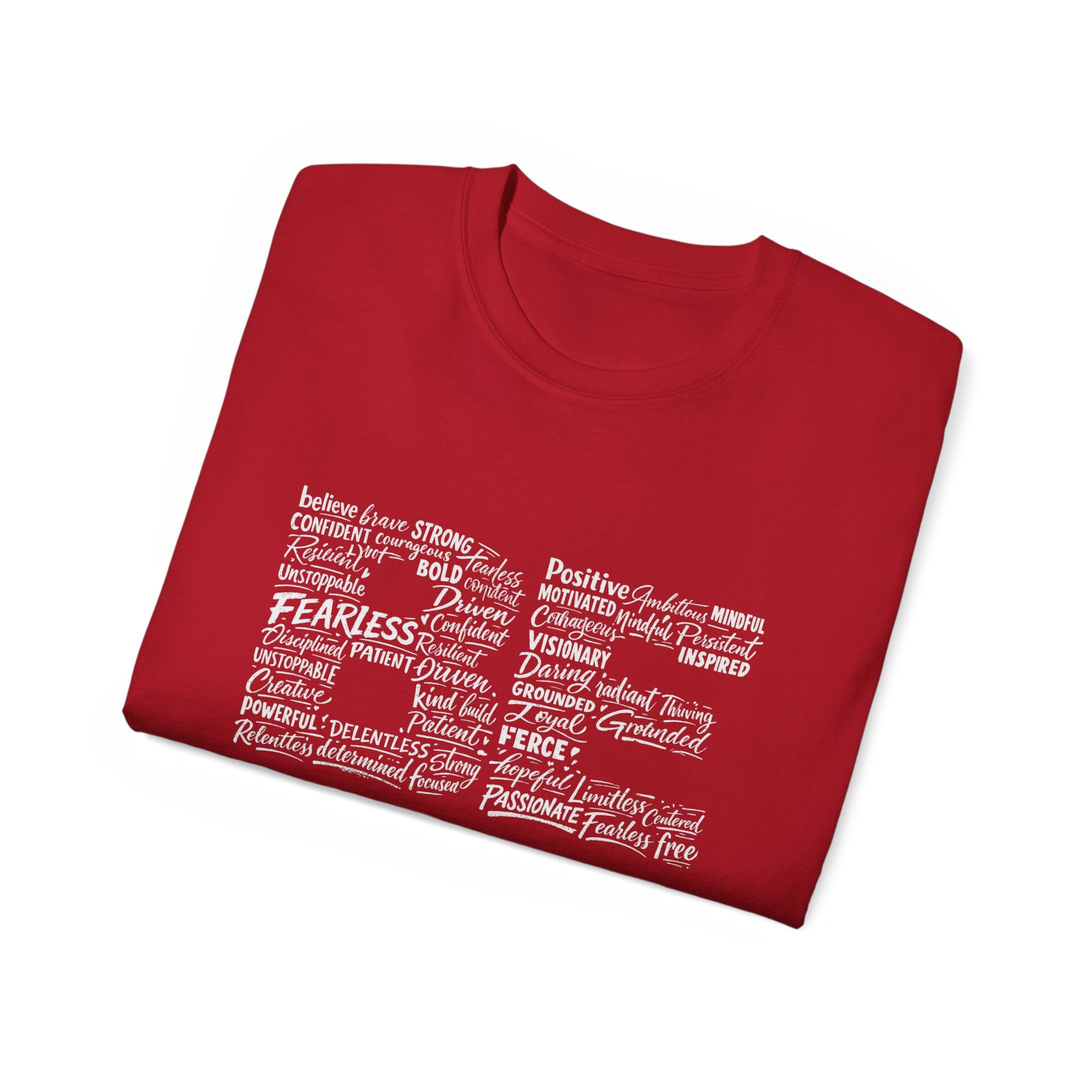 Rotes Life Word Cloud T‑Shirt mit inspirierender Schriftgrafik vorne