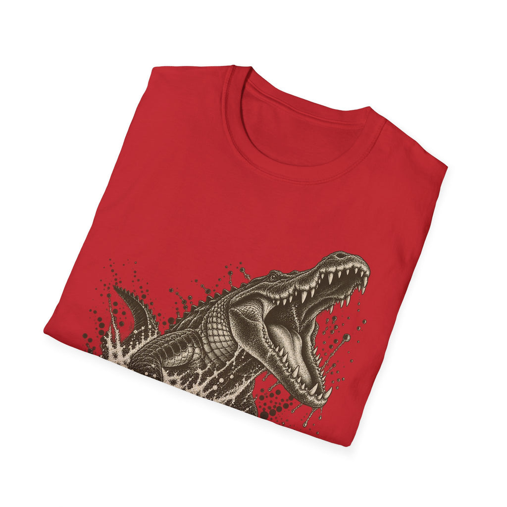 Red crewneck T-shirt with lunging alligator graphic on front
