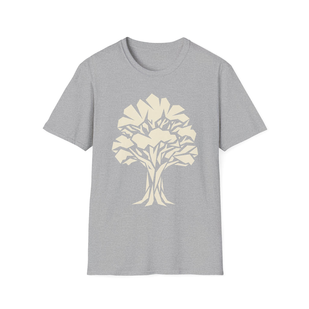 Light gray t-shirt with white geometric tree silhouette graphic on the front