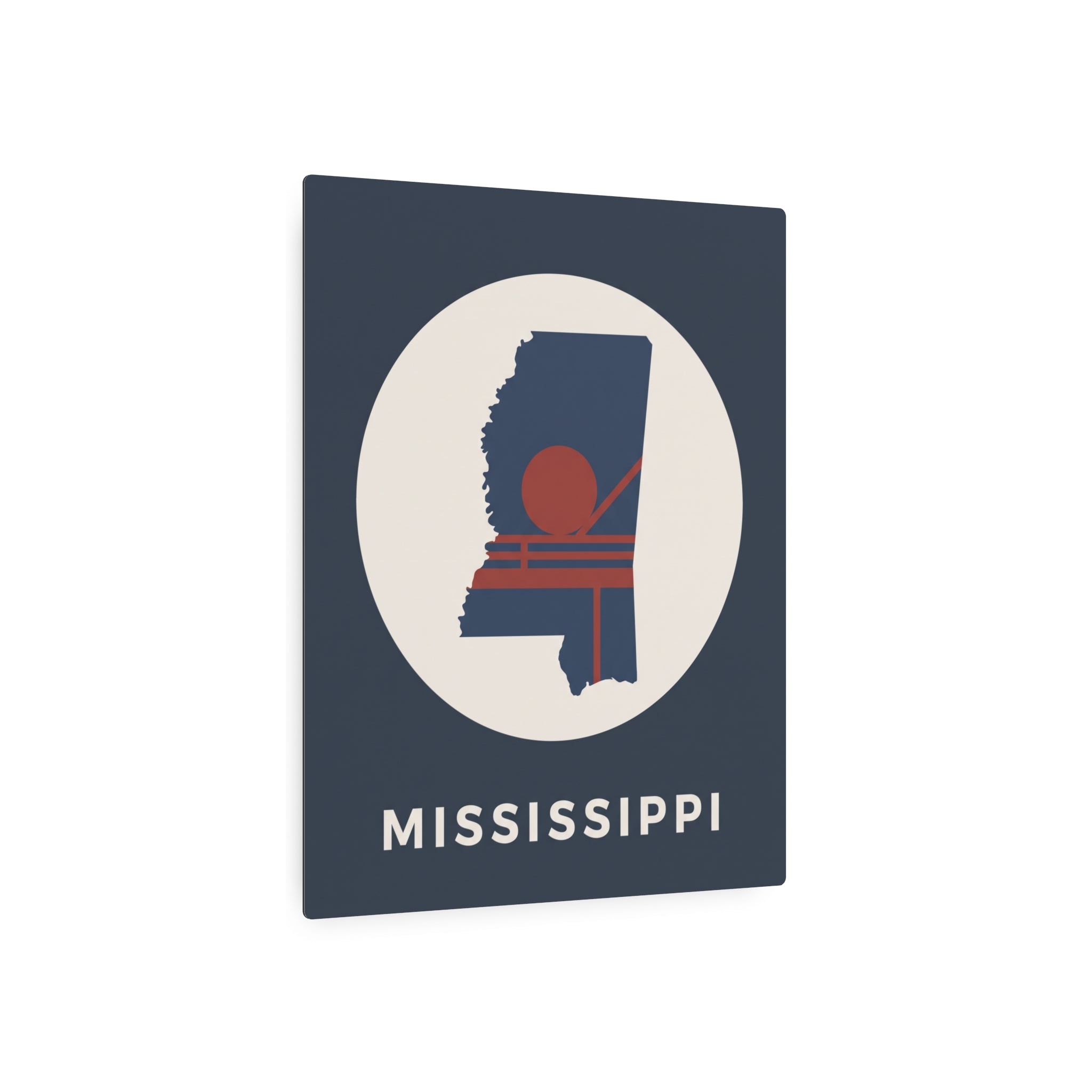 Mississippi metal art sign, square dark blue front with circle emblem and “MISSISSIPPI” text.