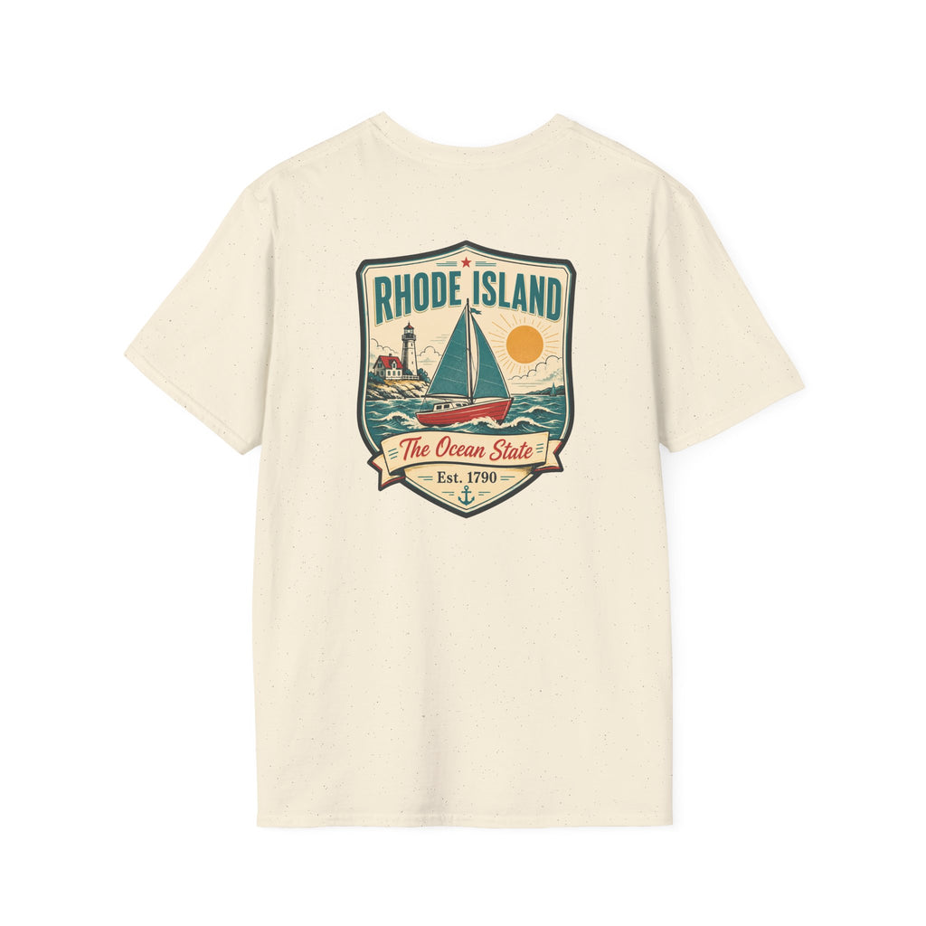 Sailboat graphic t-shirt, natural cream, with Rhode Island emblem front print