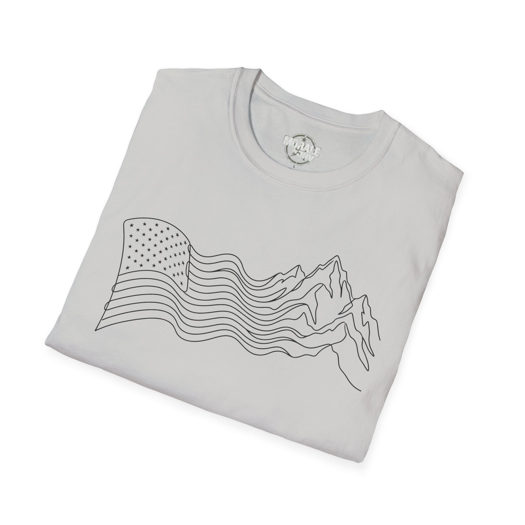 Light gray T-shirt folded front with mountain wave line-art and star flag graphic