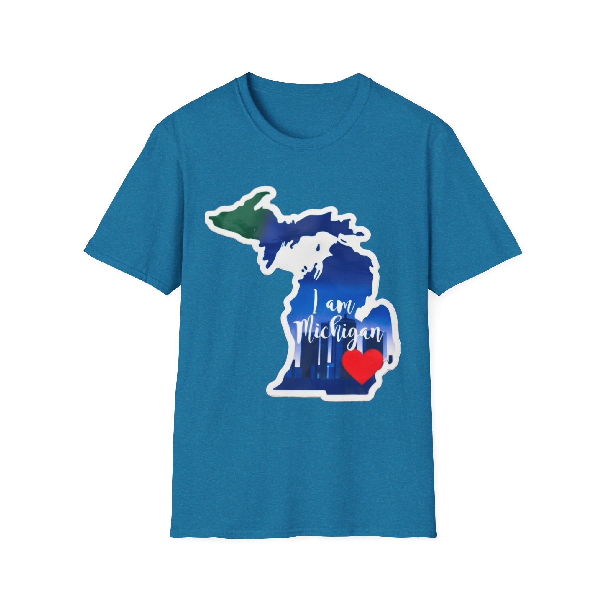Teal Michigan map T-shirt with blue state graphic, red heart, and “I am Michigan”