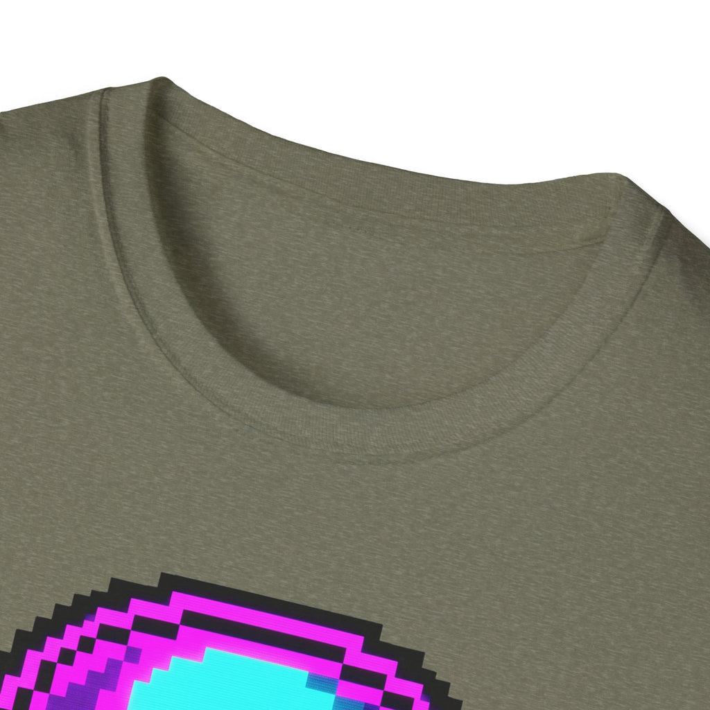 Heather Military Green T-shirt neckline close-up with partial colorful pixel skull graphic