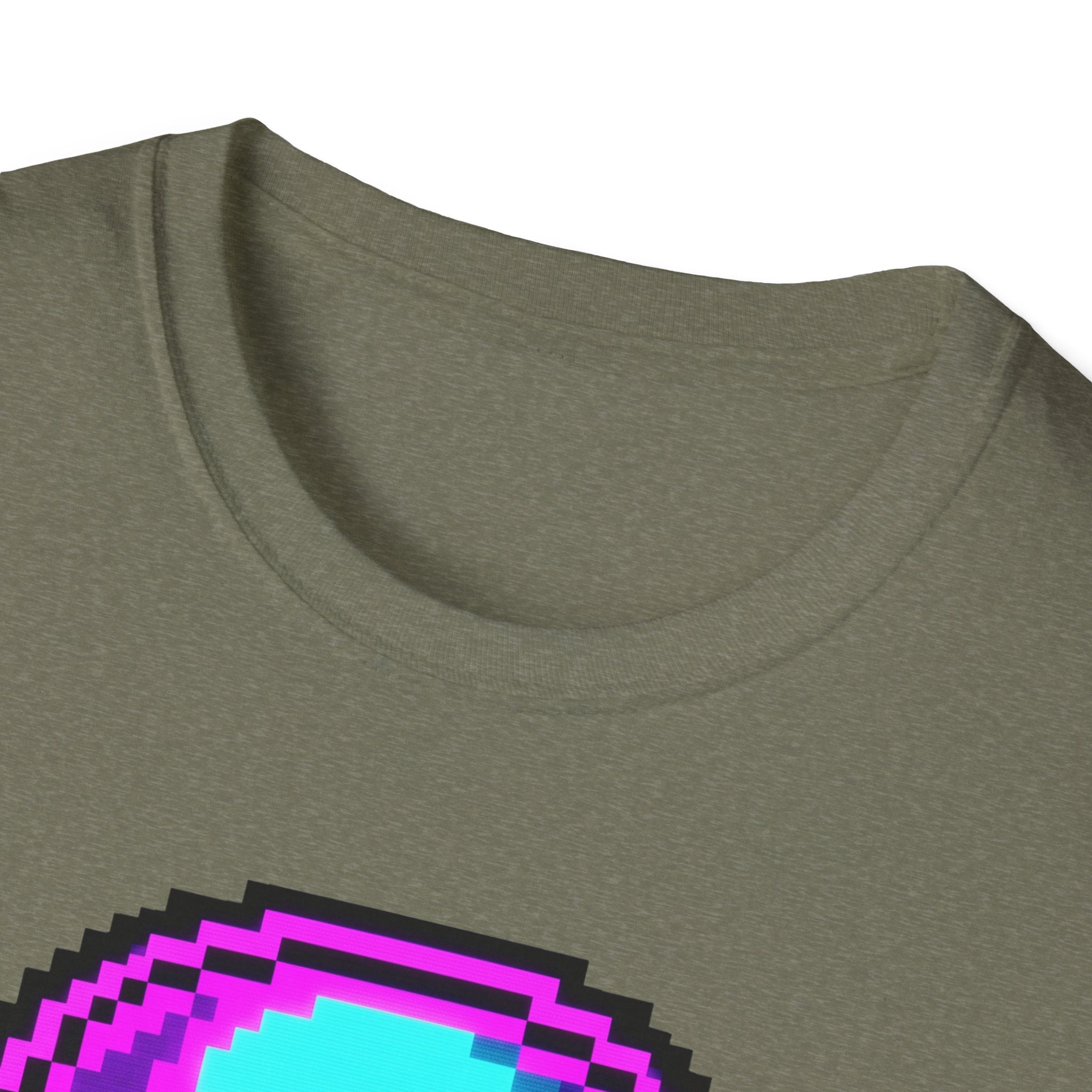 Heather Military Green T-shirt neckline close-up with partial colorful pixel skull graphic