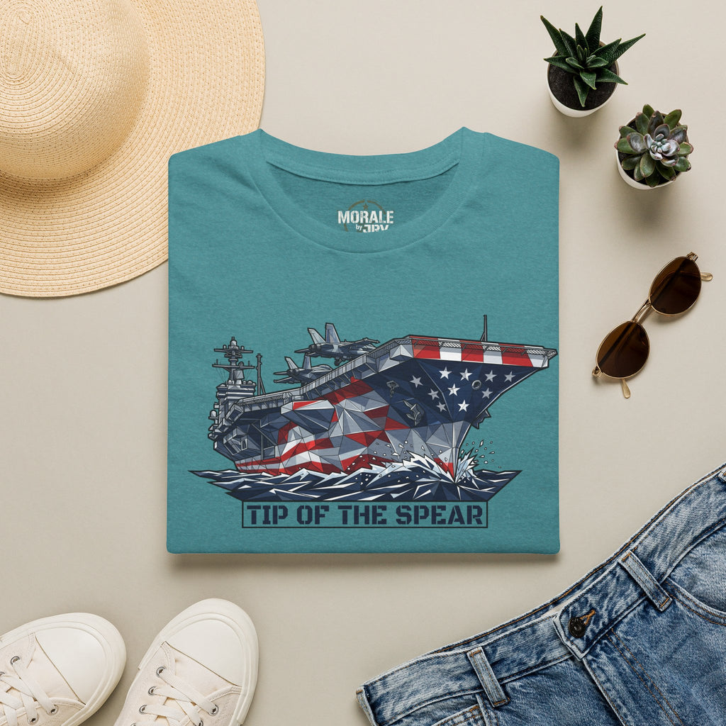 Teal crewneck T-shirt with aircraft carrier graphic and "TIP OF THE SPEAR" text