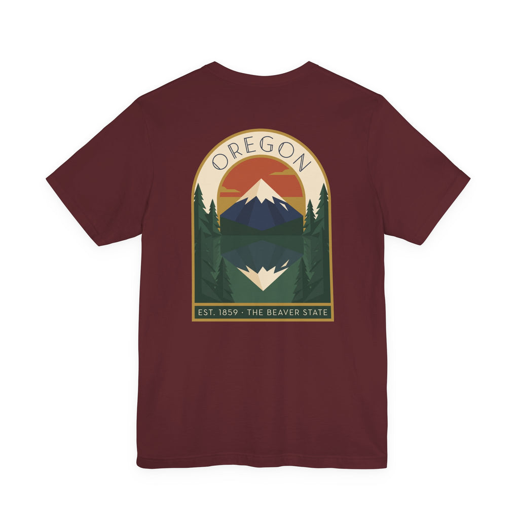 Maroon t-shirt with centered Oregon mountain graphic print on chest