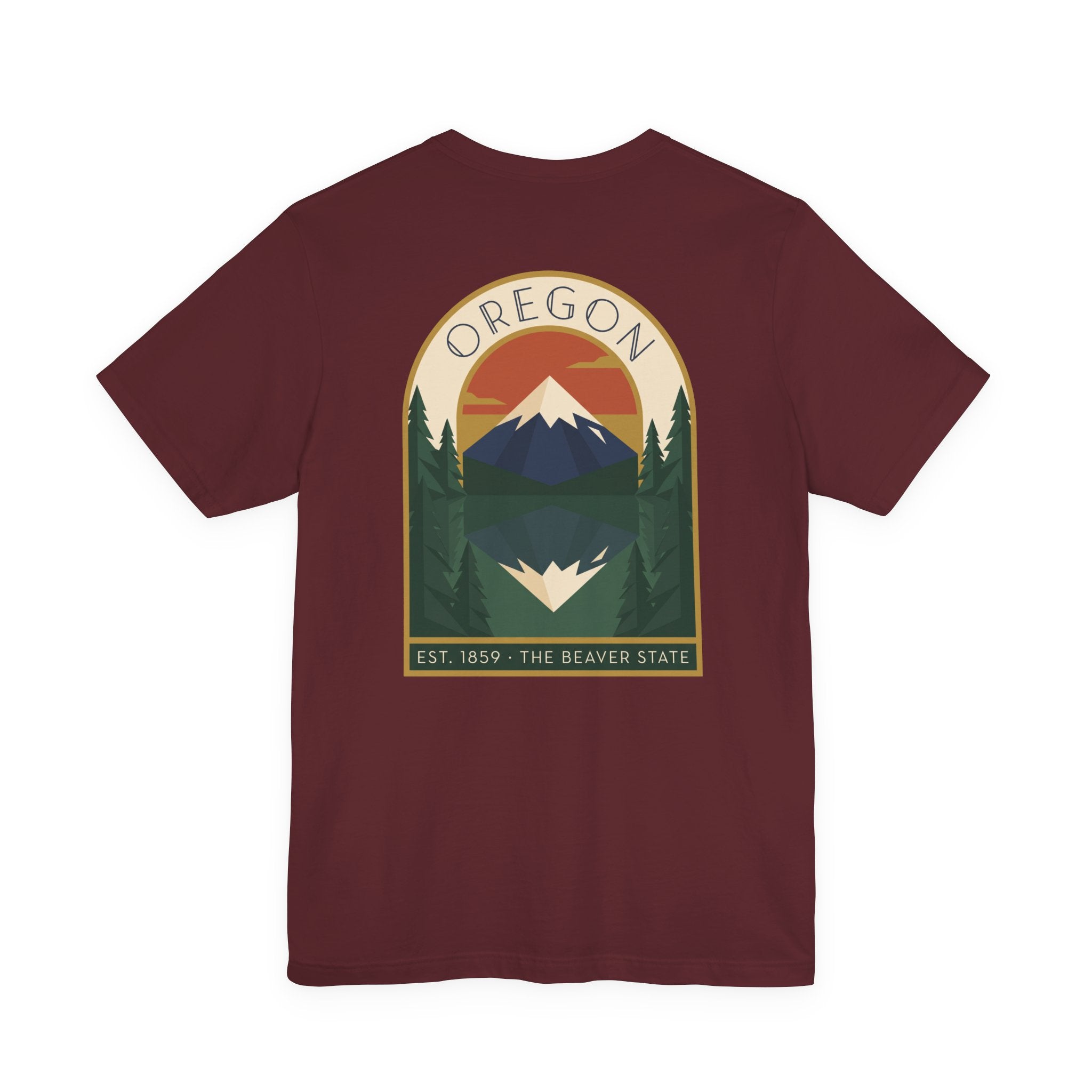 Maroon t-shirt with centered Oregon mountain graphic print on chest