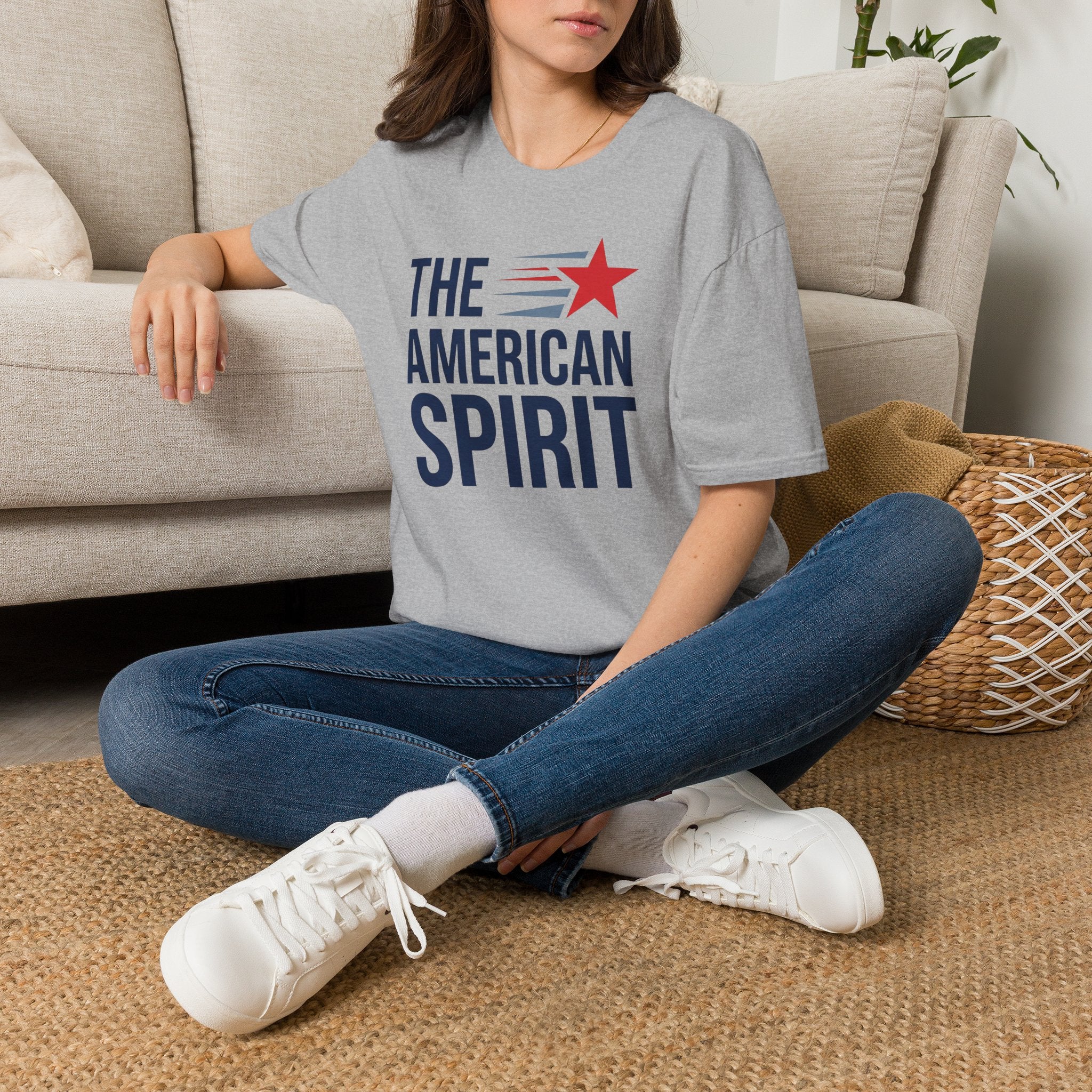 Gray T-shirt with 'THE AMERICAN SPIRIT' graphic and red star, short sleeves