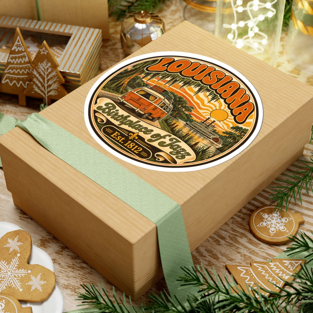 Round Louisiana Birthplace of Jazz sticker on gift box, orange van scene with sun, Est. 1812