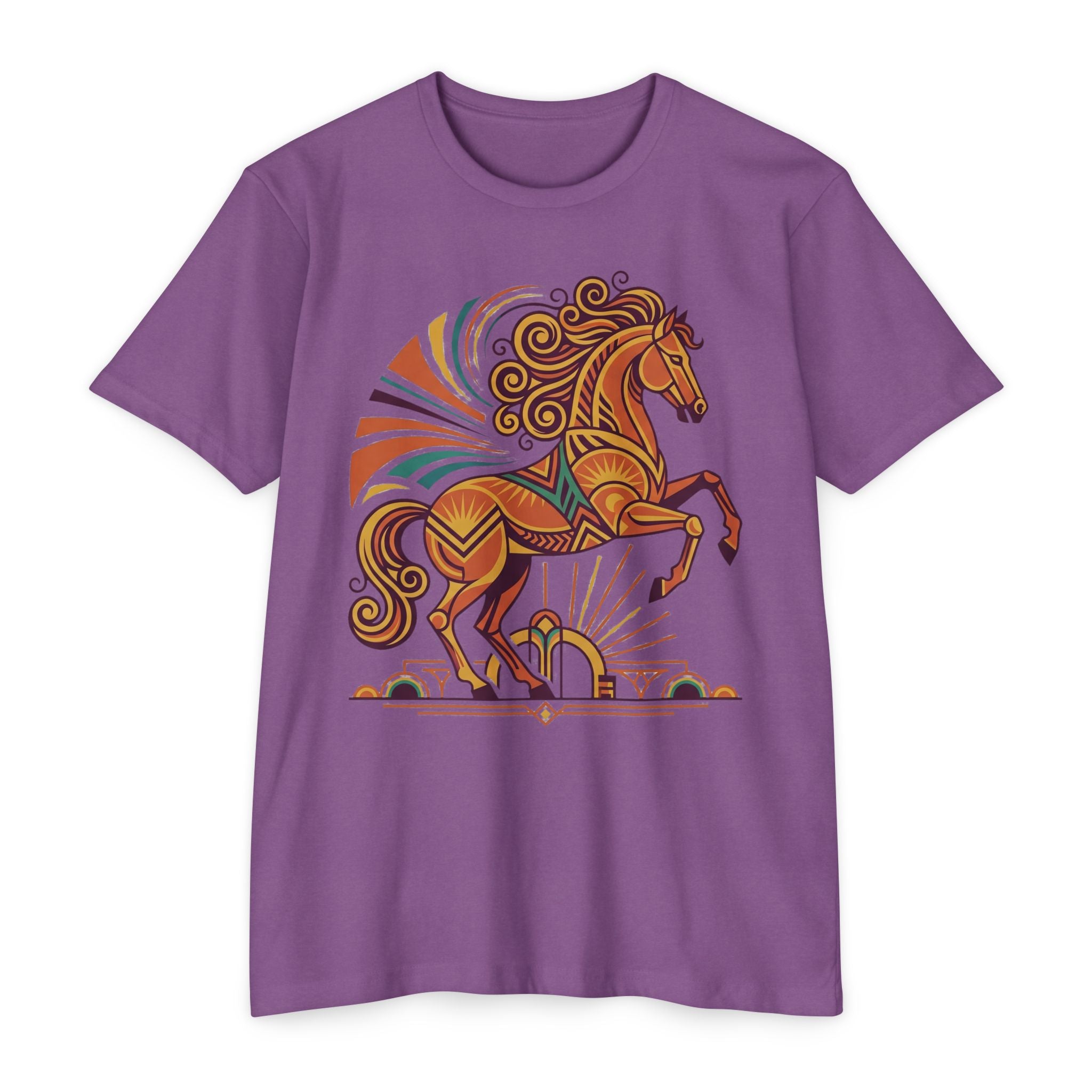 Purple t-shirt with prancing horse graphic in orange, teal, and brown swirl details.