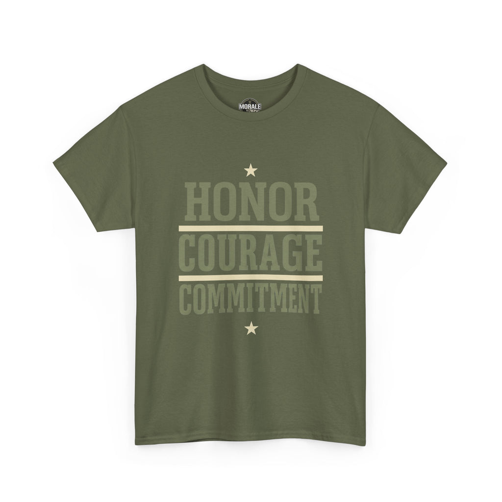 Olive green T-shirt with "HONOR COURAGE COMMITMENT" graphic and stars on front