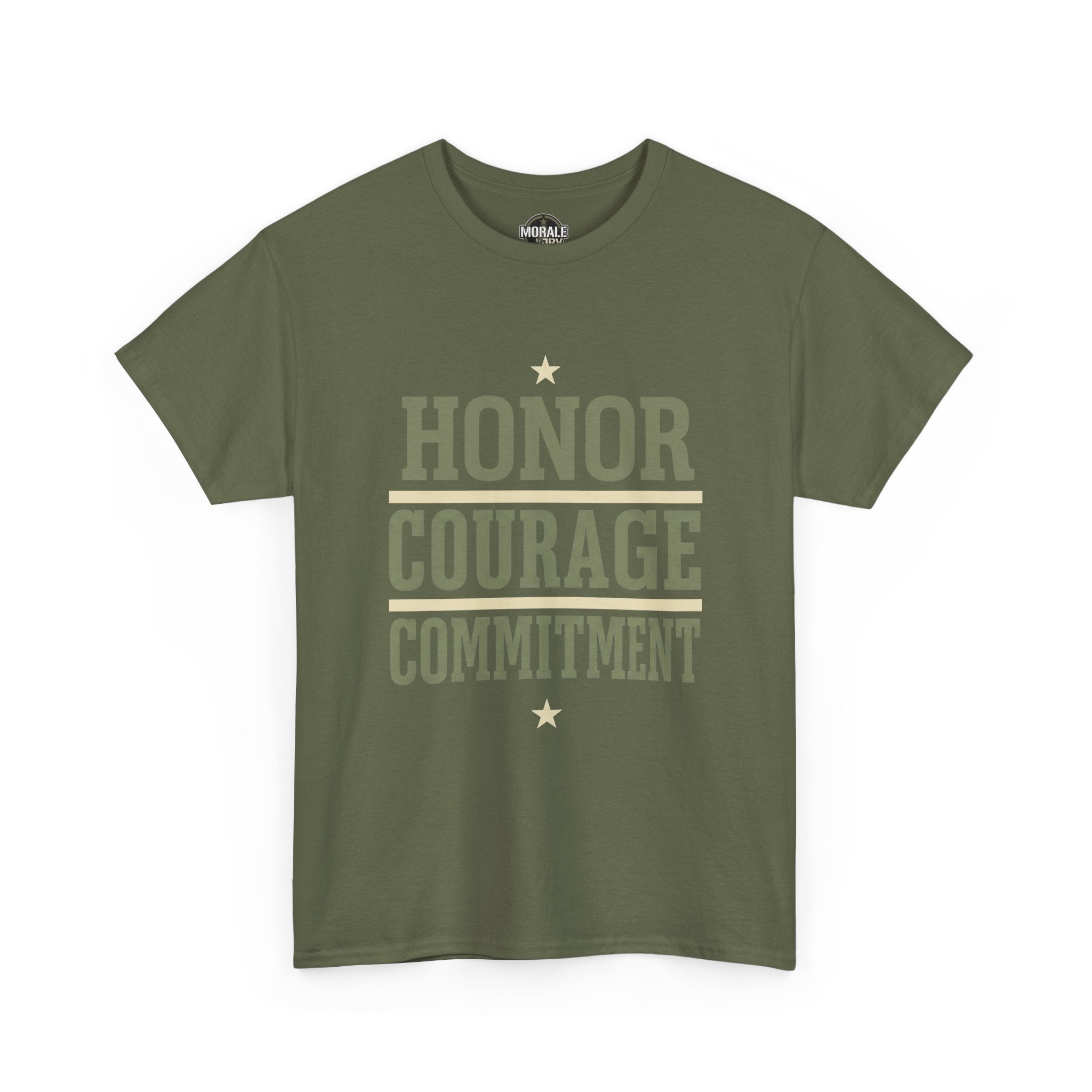 Olive green T-shirt with "HONOR COURAGE COMMITMENT" graphic and stars on front