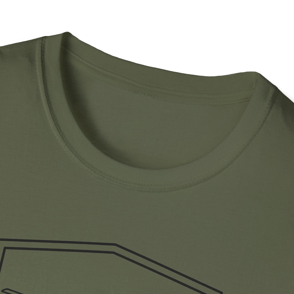 Military green crew-neck T-shirt with partial dark graphic line across chest