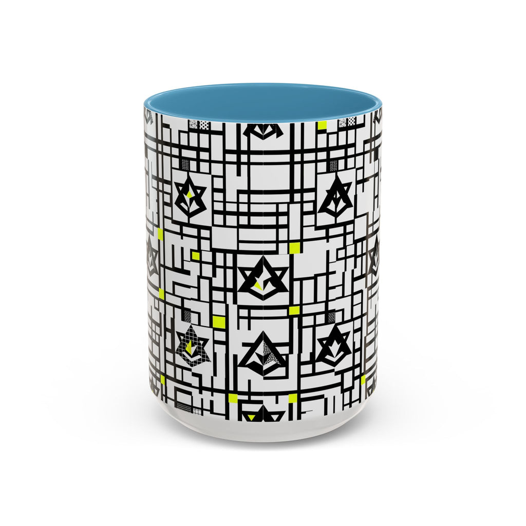 Ceramic accent mug with light blue interior; white geometric grid-star pattern, with base visible
