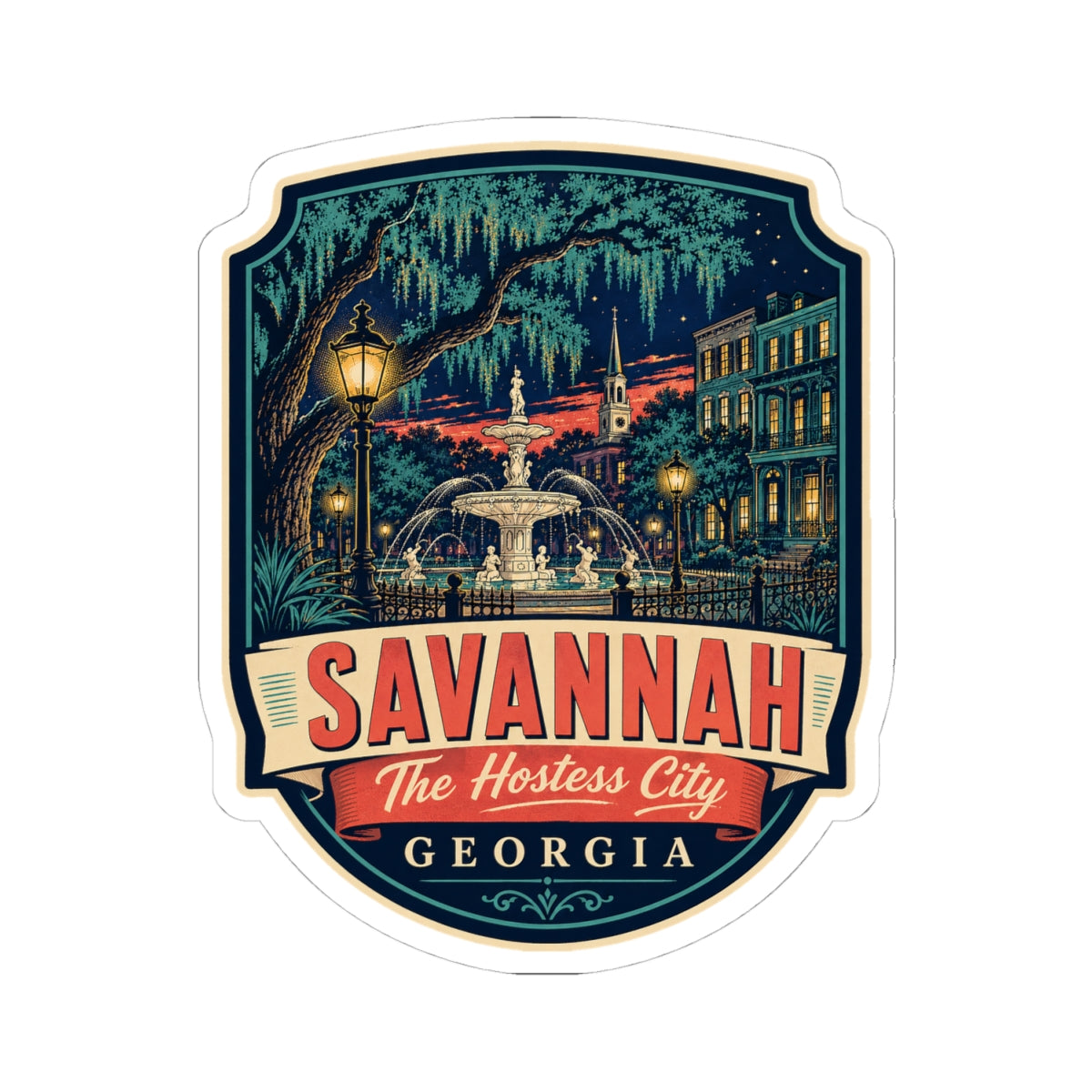 Savannah luggage tag sticker showing fountain, SAVANNAH banner and Georgia below
