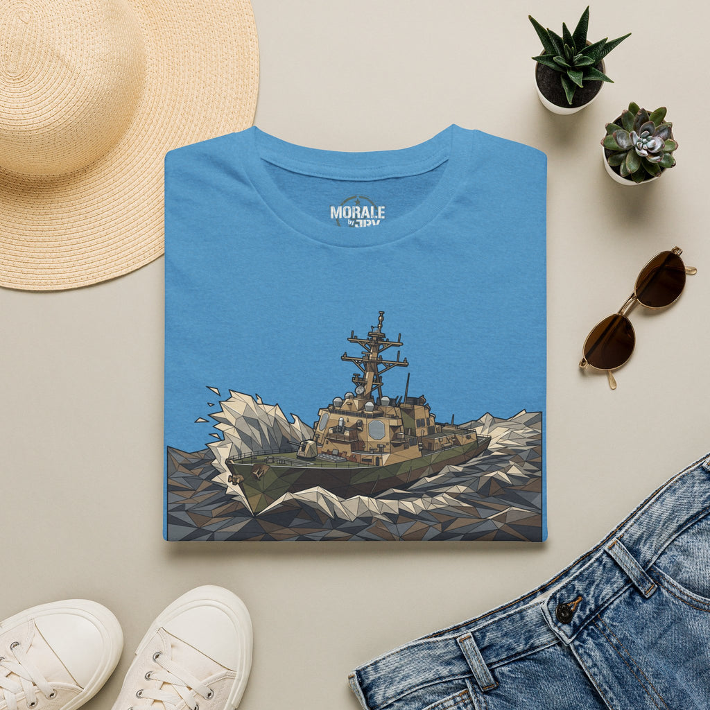 Blue crewneck T-shirt with maritime rescue ship graphic on the front