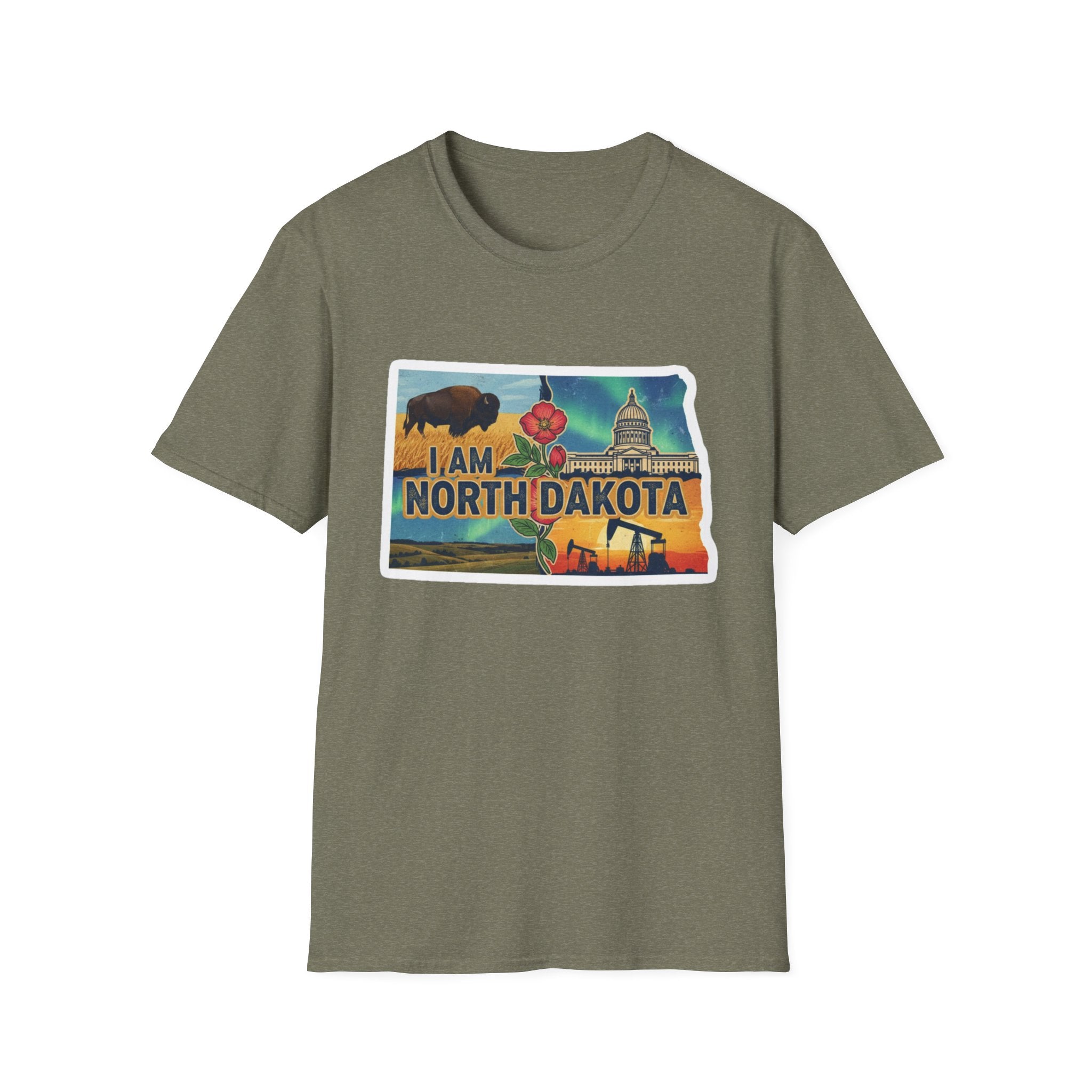 Camiseta verde oliva North Dakota con bisonte, flores y capitolio en el pecho
