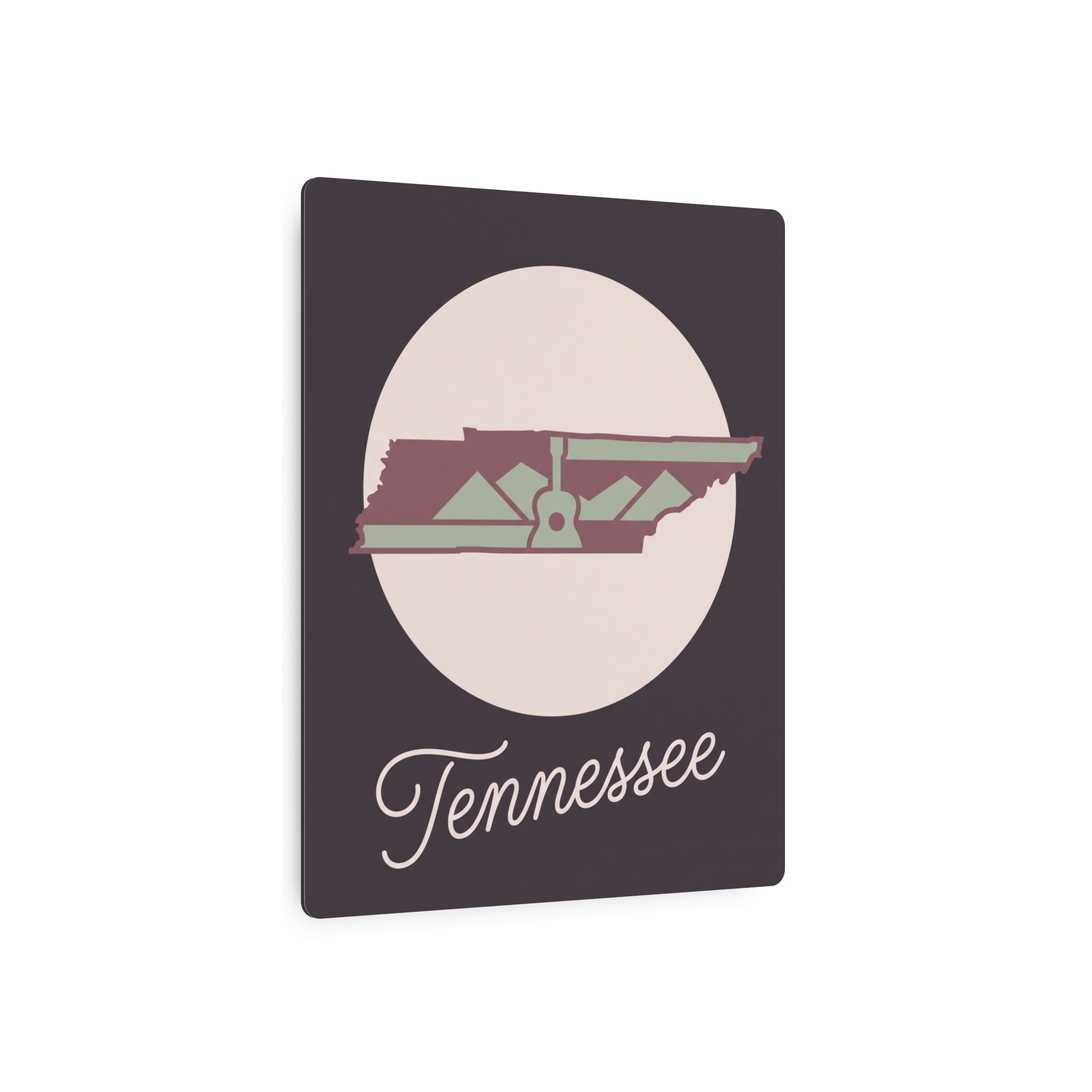 Tennessee metal wall art, dark mauve square with circular graphic and “Tennessee” wordmark