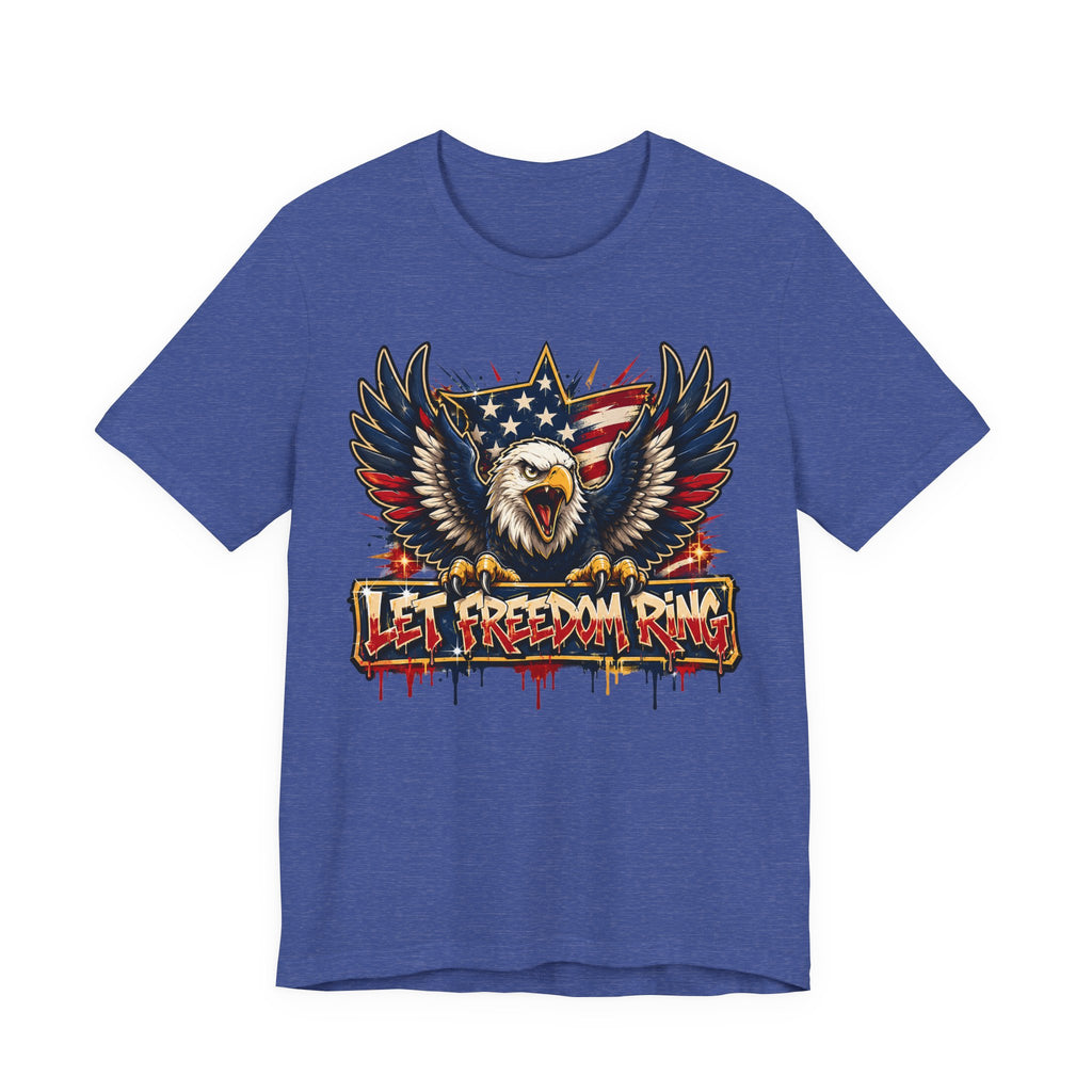 Blue t-shirt with bald eagle wings graphic and “Let Freedom Ring” text
