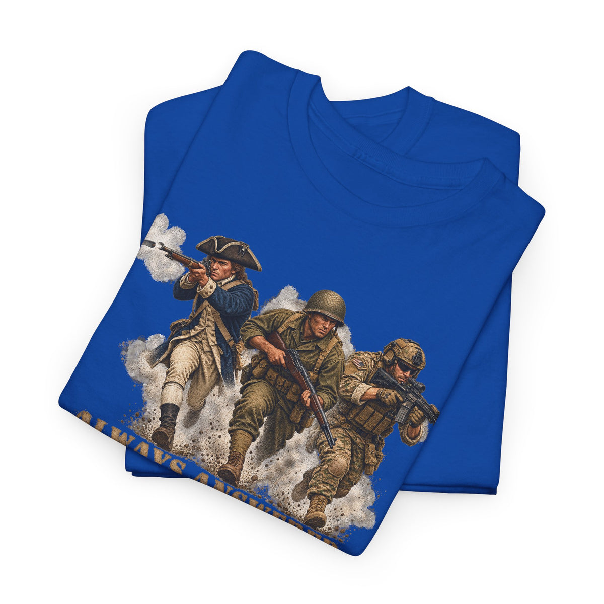 Blue crewneck T-shirt with patriotic soldier graphic print on front