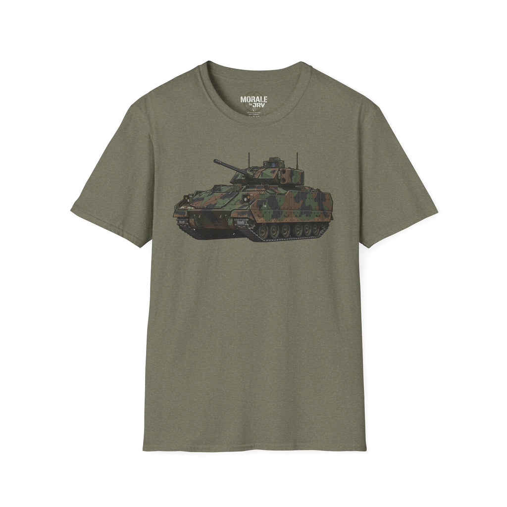 Military camo tank graphic T-shirt on olive green fabric