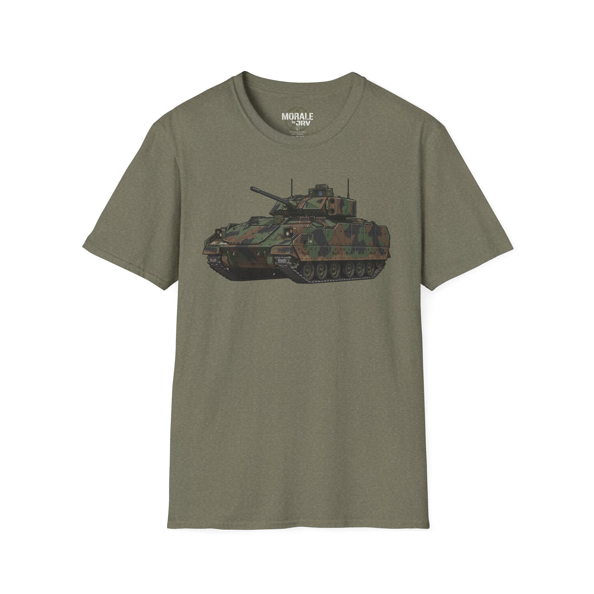 Military camo tank graphic T-shirt on olive green fabric
