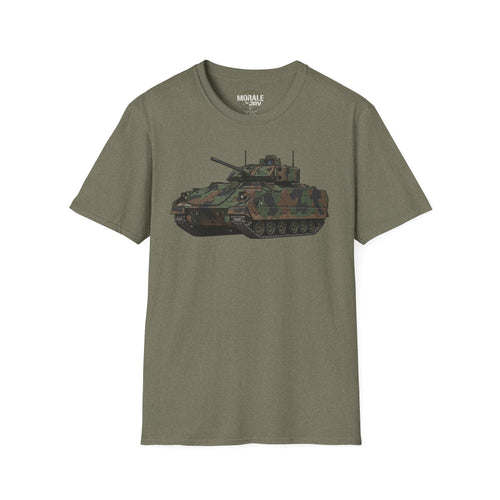 Military camo tank graphic T-shirt on olive green fabric