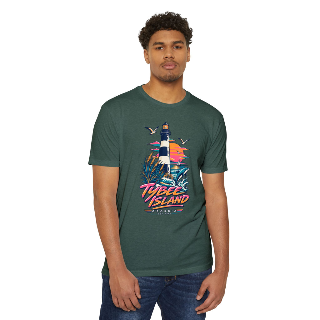 Dark green T-shirt worn by model with lighthouse sunset front graphic