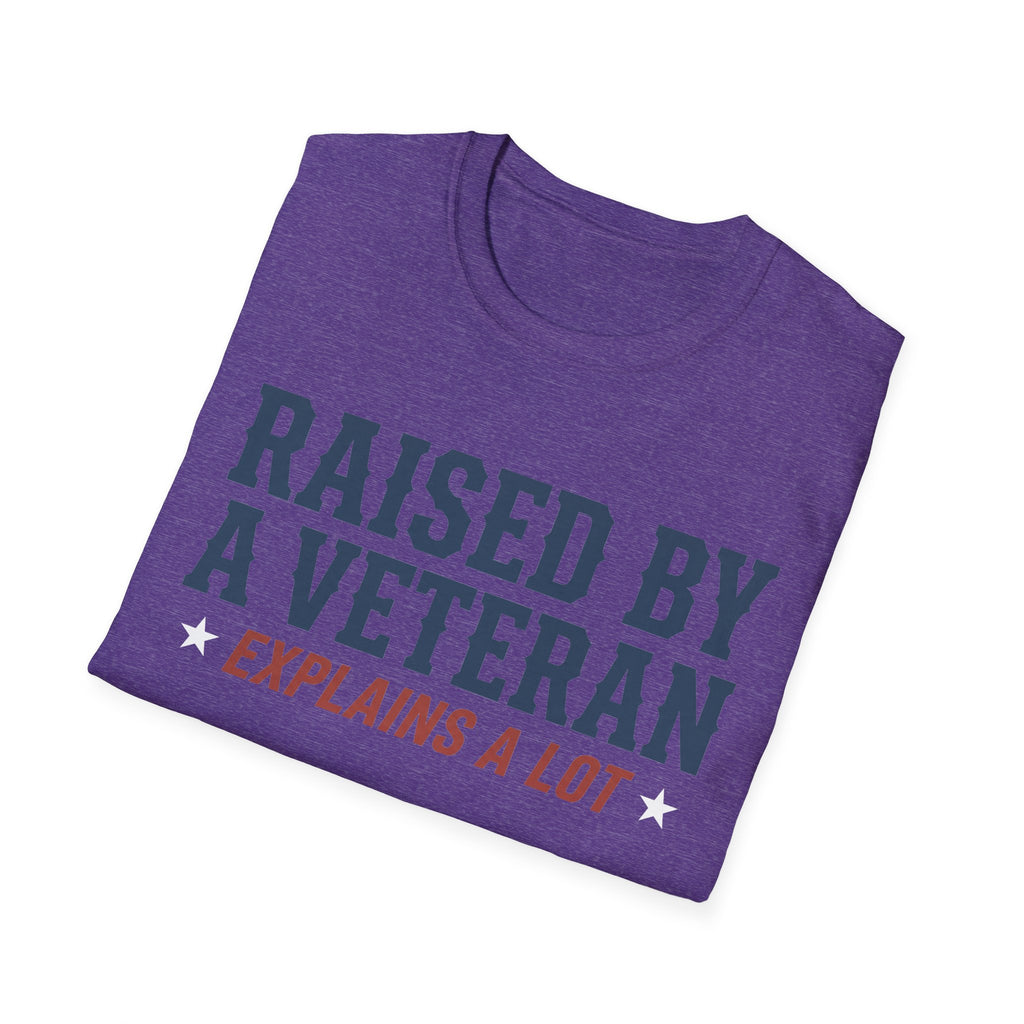 Printed crewneck T-shirt in purple with blue and red slogan graphic