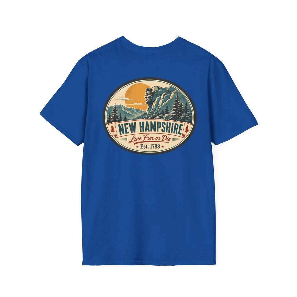 Royal blue graphic T-shirt with circular mountains and New Hampshire logo on chest