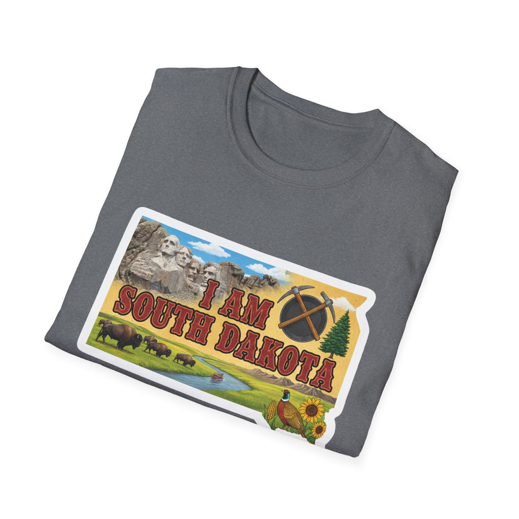 Dark gray heather T-shirt with 'I AM SOUTH DAKOTA' landscape graphic