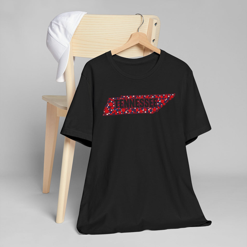 Black crew-neck t-shirt with red floral Tennessee graphic outline on chest