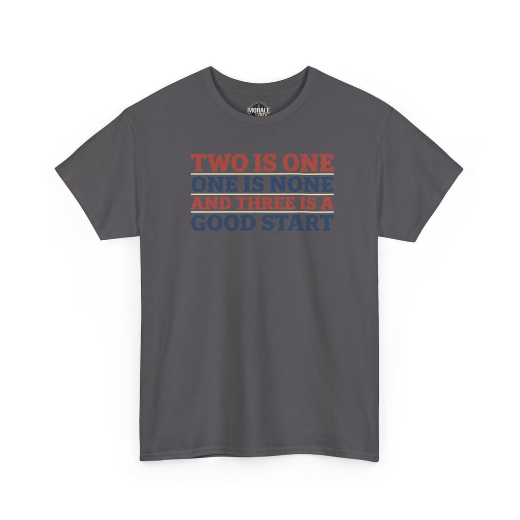 Charcoal grey T-shirt with colorful slogan graphic on chest